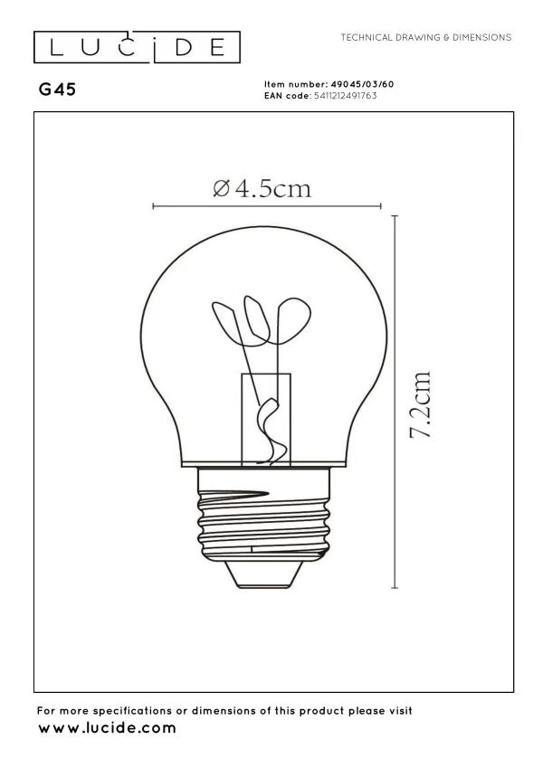 Lucide G45 - Filament bulb - Ø 4,5 cm - LED Dim. - E27 - 1x3W 2700K - Transparant - technical